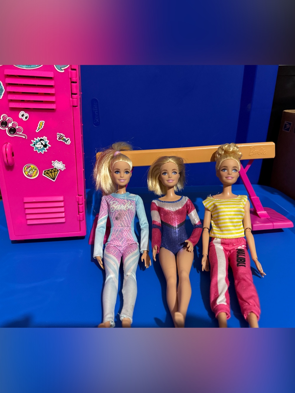 Barbie Doll gymnasts Trio with Pink Locker and balance beam!